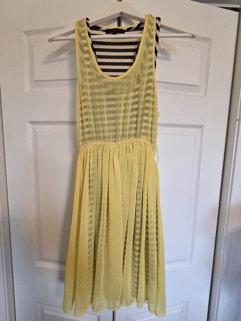Sheer-Striped Yellow Midi Dress with Gathered Waist